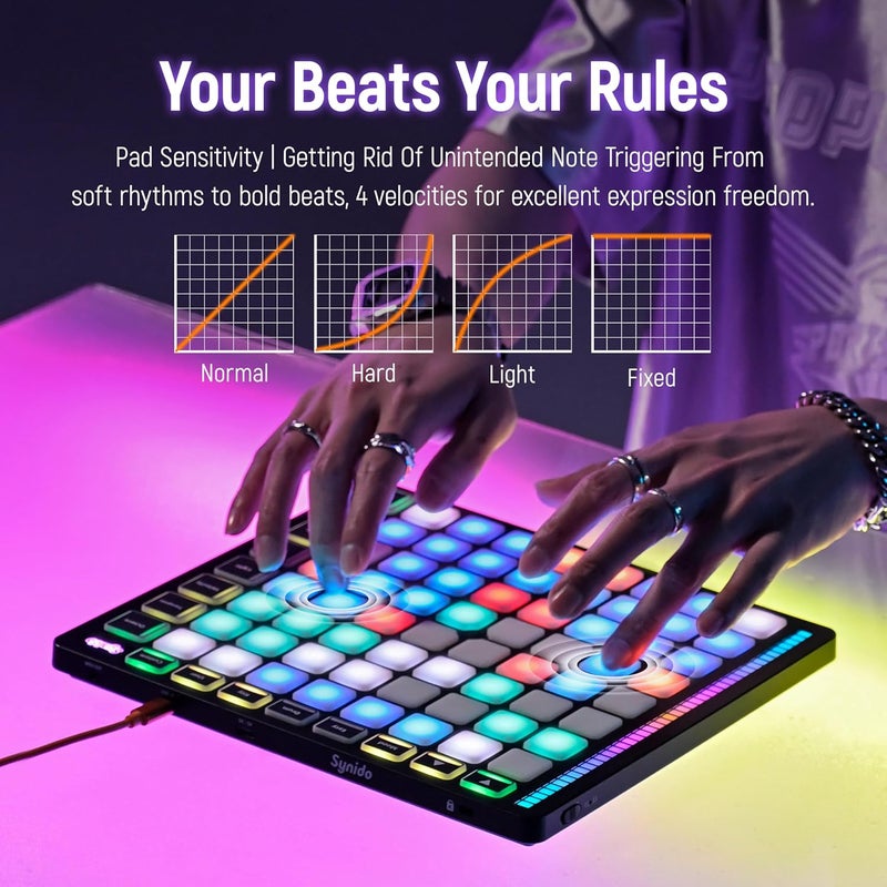 Synido MIDI Pad Beat Maker Machine with 64 Velocity Sensitive RGB Pads, Portable MIDI Controller 8 * 8 Backlit Beating Machine with Easy Mode for Music Production Beginners, TempoPAD Z-1 - Image 4